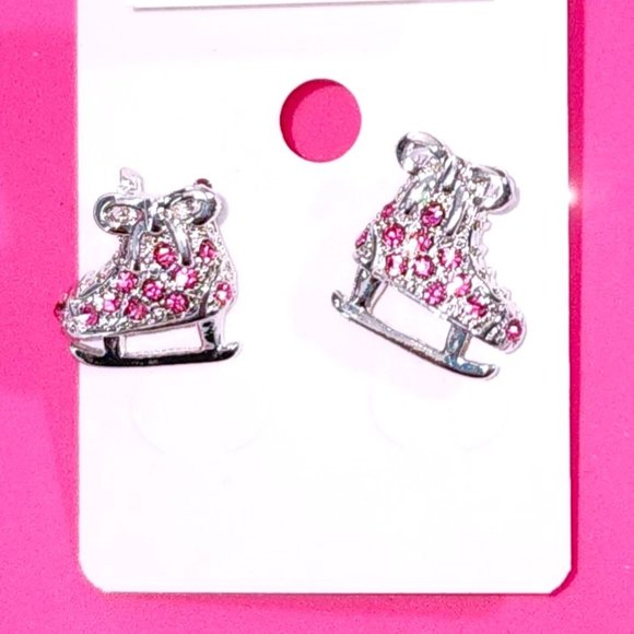 Ice Skates Earring PINK/Post/Shoe-Boot Charm Earring/Pink Rhinestone Crystal - Picture 3 of 11